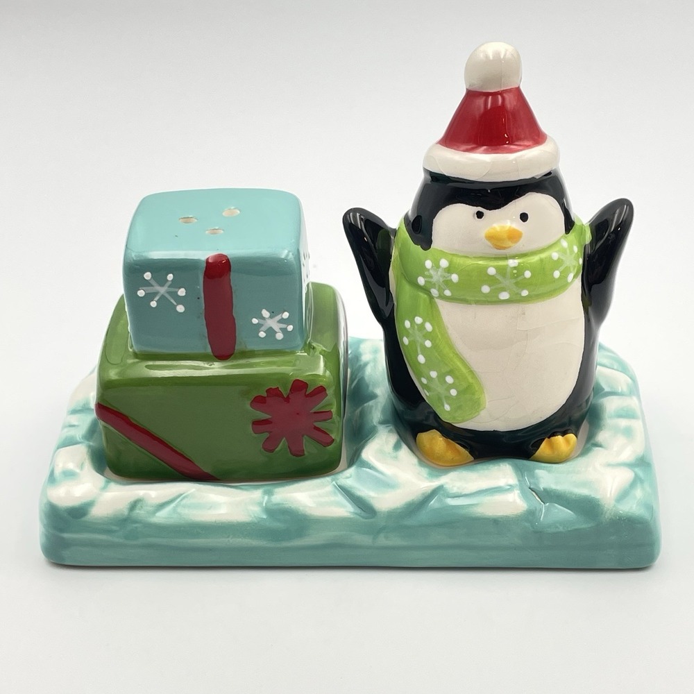 Christmas Penguin & Presents Salt & Pepper Shakers w/ Base Ceramic Holiday Decor
